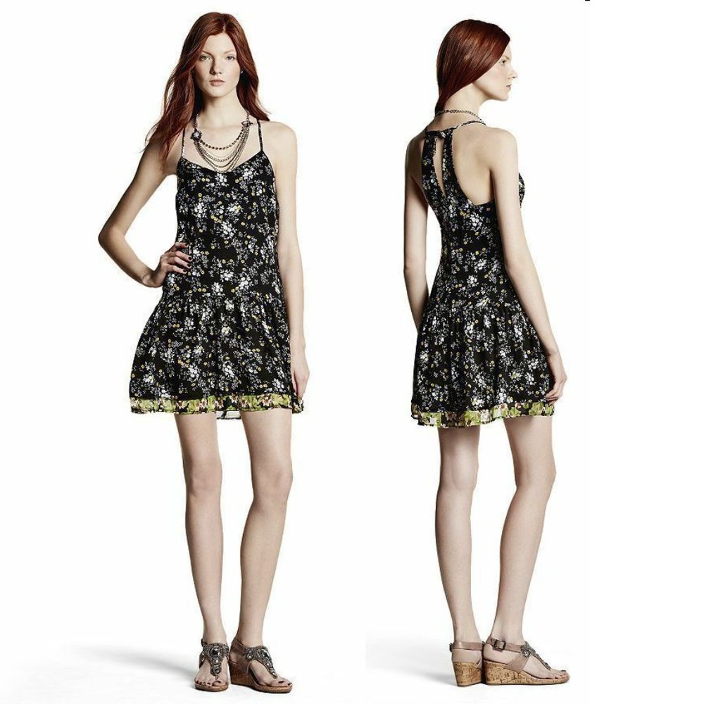 Vera Wang Princess Black Floral Drop Waist Dress